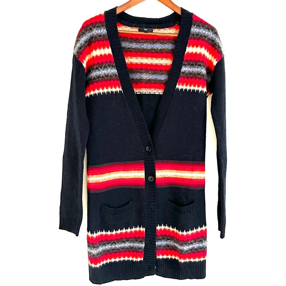 Gap lambswool cardigan with pockets women's size small dark blue bright stripes